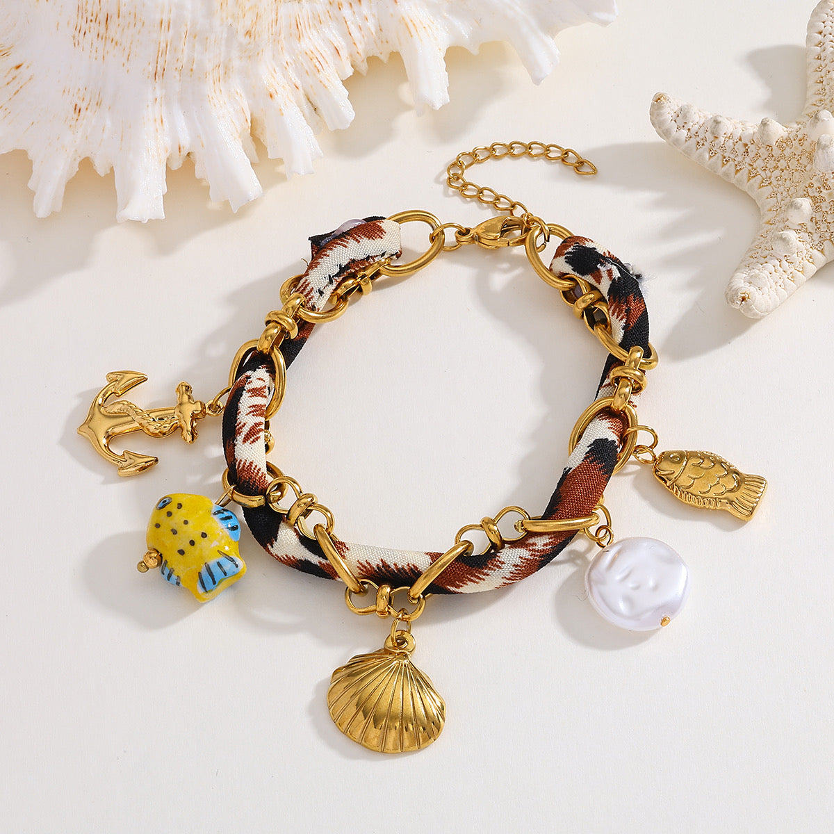 Bracelet charms coquillage - tissu léopard