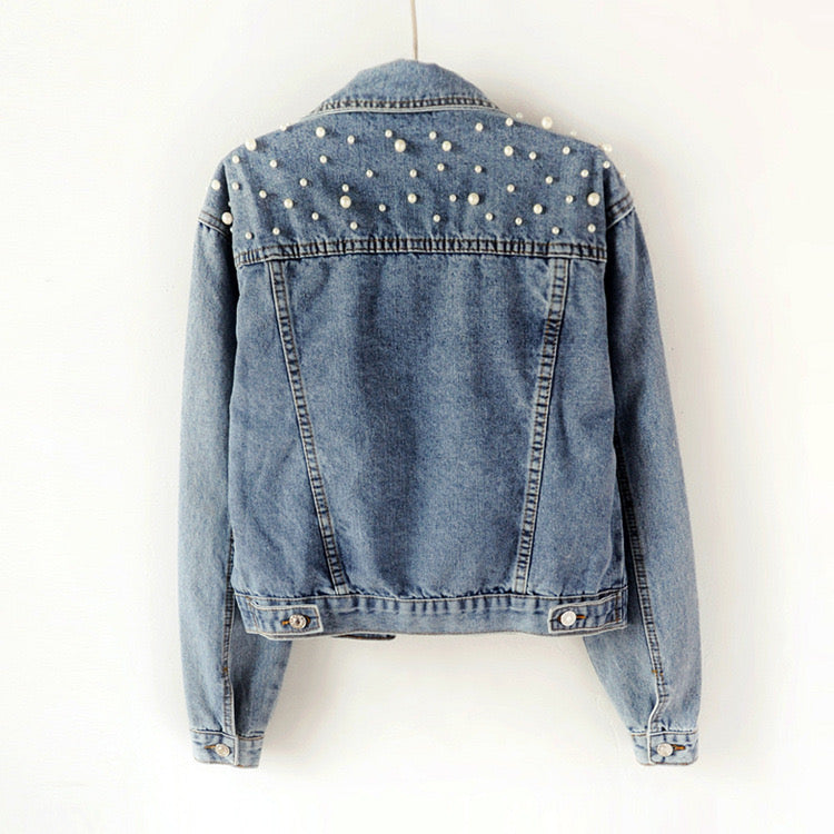 Veste en jean - perles blanches