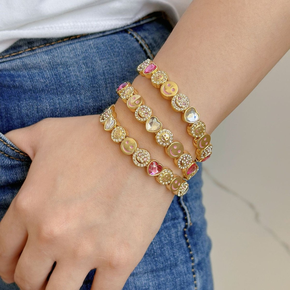 Bracelet smiley rose strass