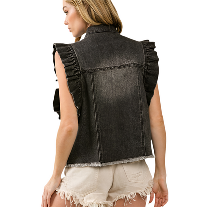 Veste en jean noire à volants