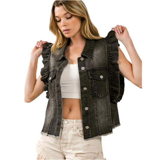 Veste en jean noire à volants