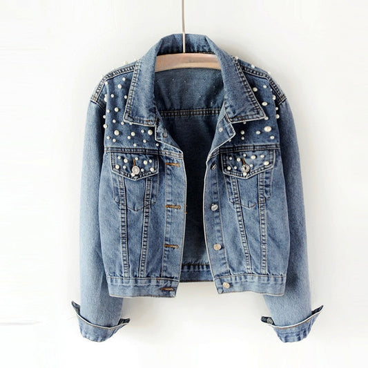 Veste en jean - perles blanches