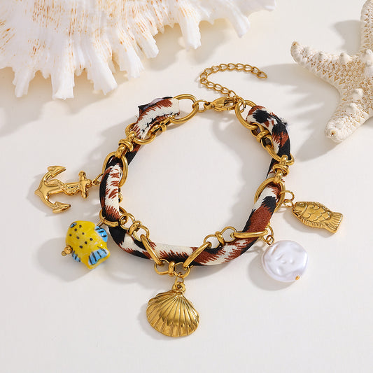 Bracelet charms coquillage - tissu léopard